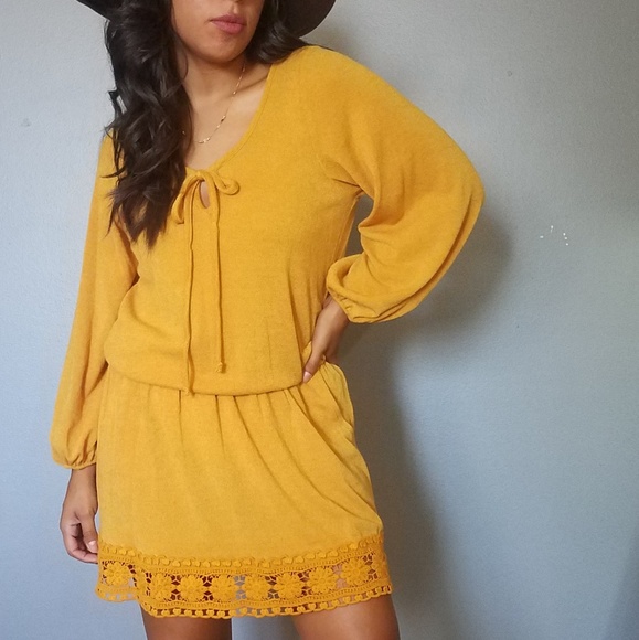 2FOR$25| MUSTARD YELLOW CROCHET TUNIC DRESS - Picture 3 of 5